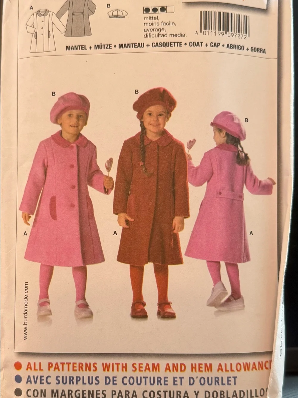 Girls' Classic Wool-Blend Pea Coat with Matching Beret - Pink & Red